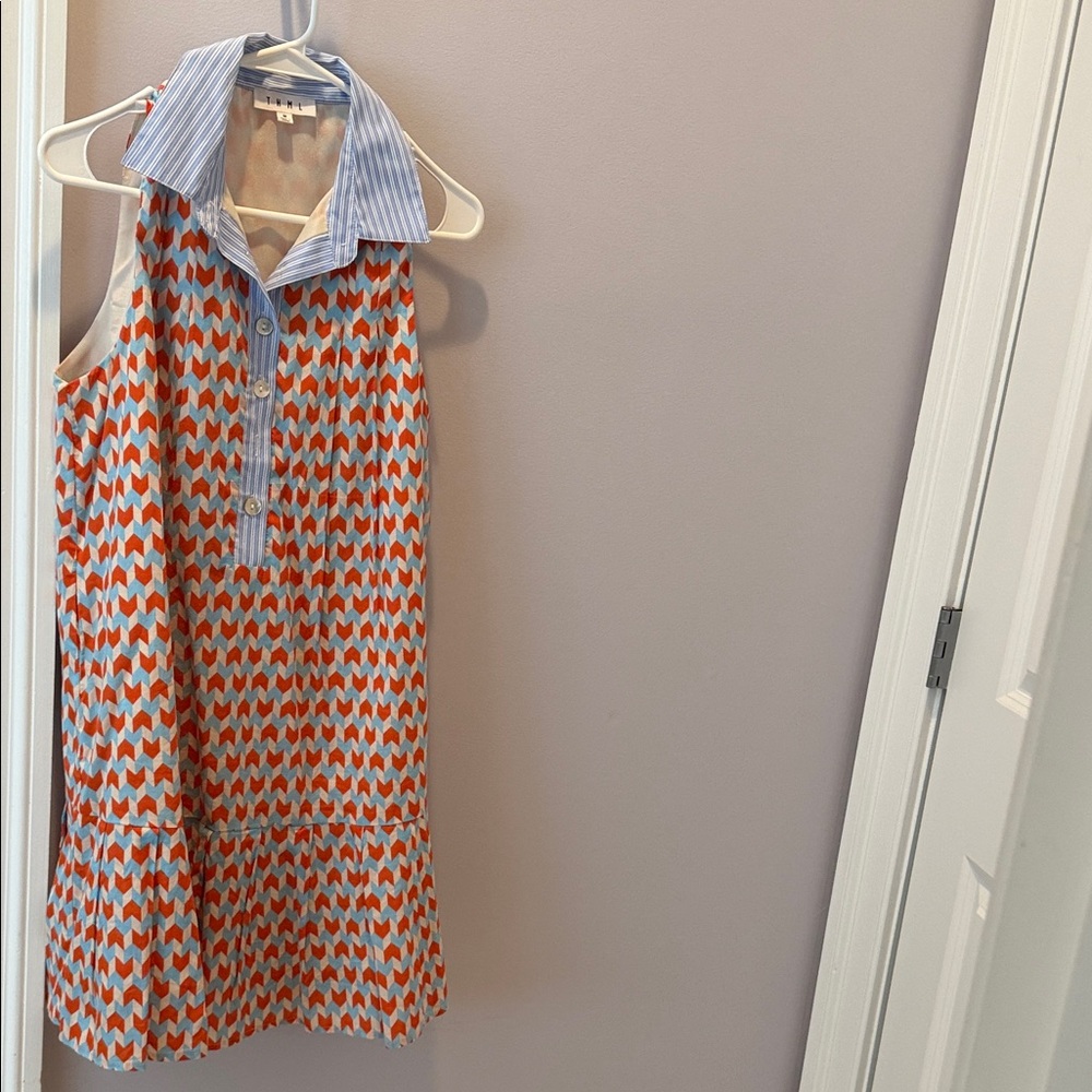 THML Orange and Light Blue Geometric Sleeveless Collared Mini Dress